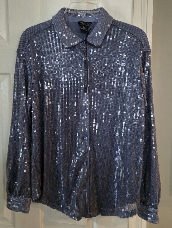 Rachel Zoe Tops - NWT Rachel Zoe Silver Blue Gray Sequin Button Shirt Jacket Medium